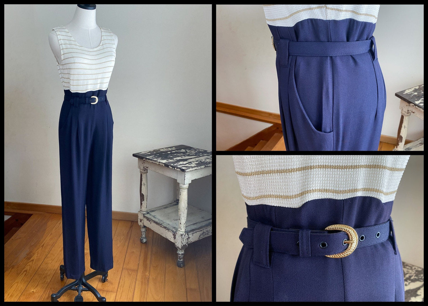 Vintage 80’s jumpsuit navy blue & ivory waffle weave gold lurex stripe // 30” waist