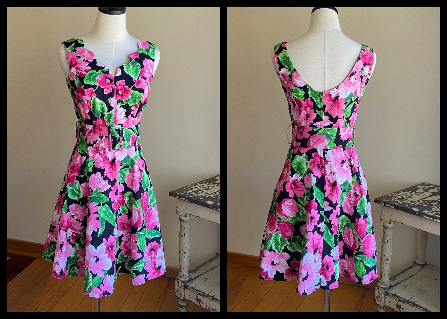 Vintage 80’s garden print party dress short sleeveless pink & green floral // 35” bust