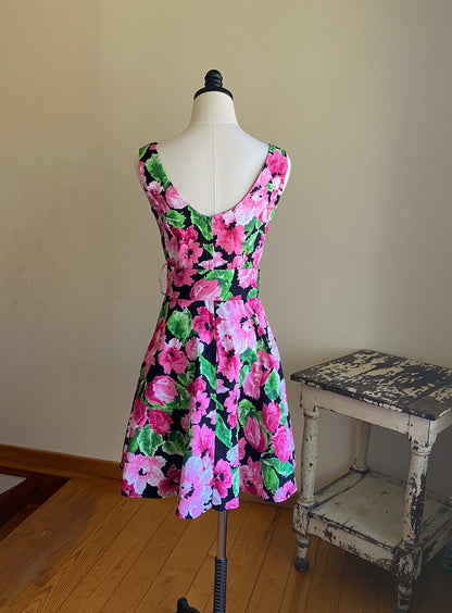 Vintage 80’s garden print party dress short sleeveless pink & green floral // 35” bust