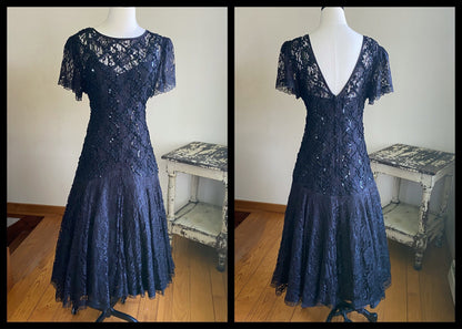 Vintage 80’s black lace party dress sequined fit & flare flamenco style // 34” waist