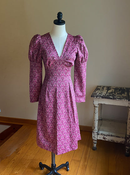 Vintage 70’s dress pink print mod puff sleeve home sewn OOAK