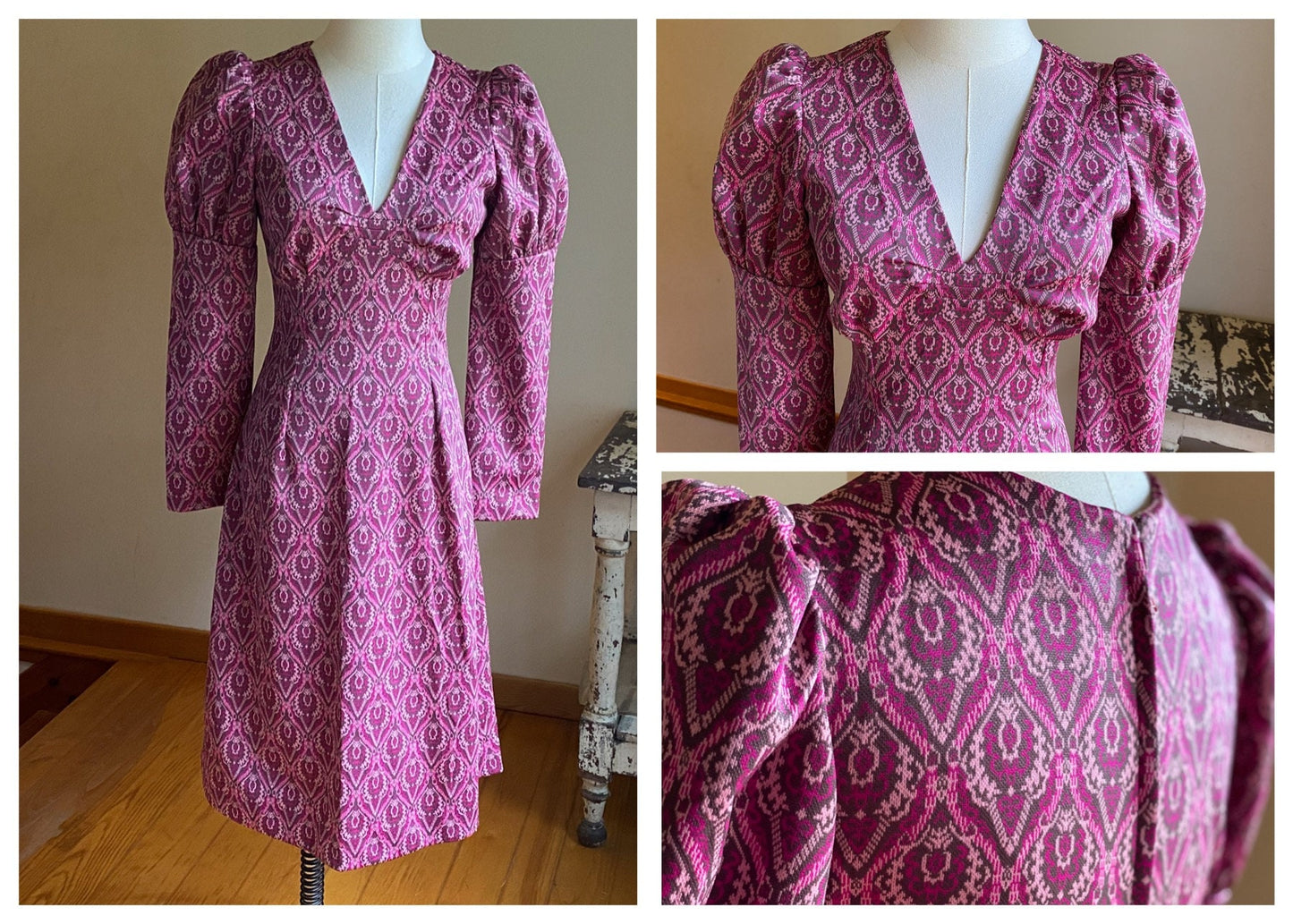 Vintage 70’s dress pink print mod puff sleeve home sewn OOAK