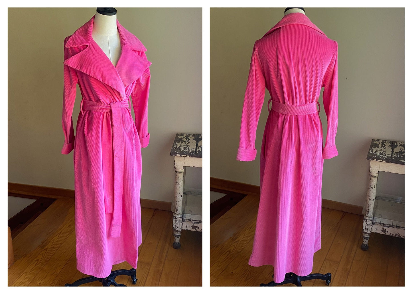 Vintage 70’s hot pink robe wide wale corduroy MASSIVE collar David Brown // M L