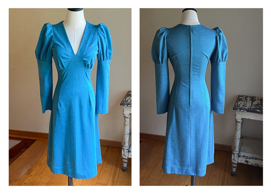 Vintage 70’s dress teal blue empire waist puff fitted sleeves // 34” bust