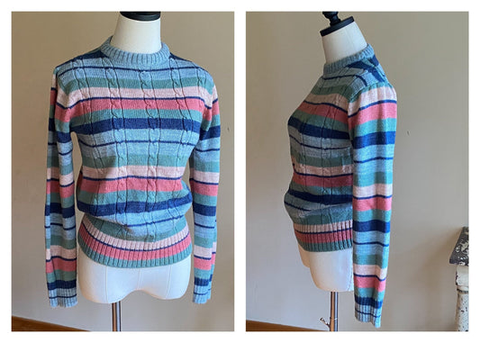 Vintage 70’s pastel stripe sweater acrylic blue green mauve cable knit //