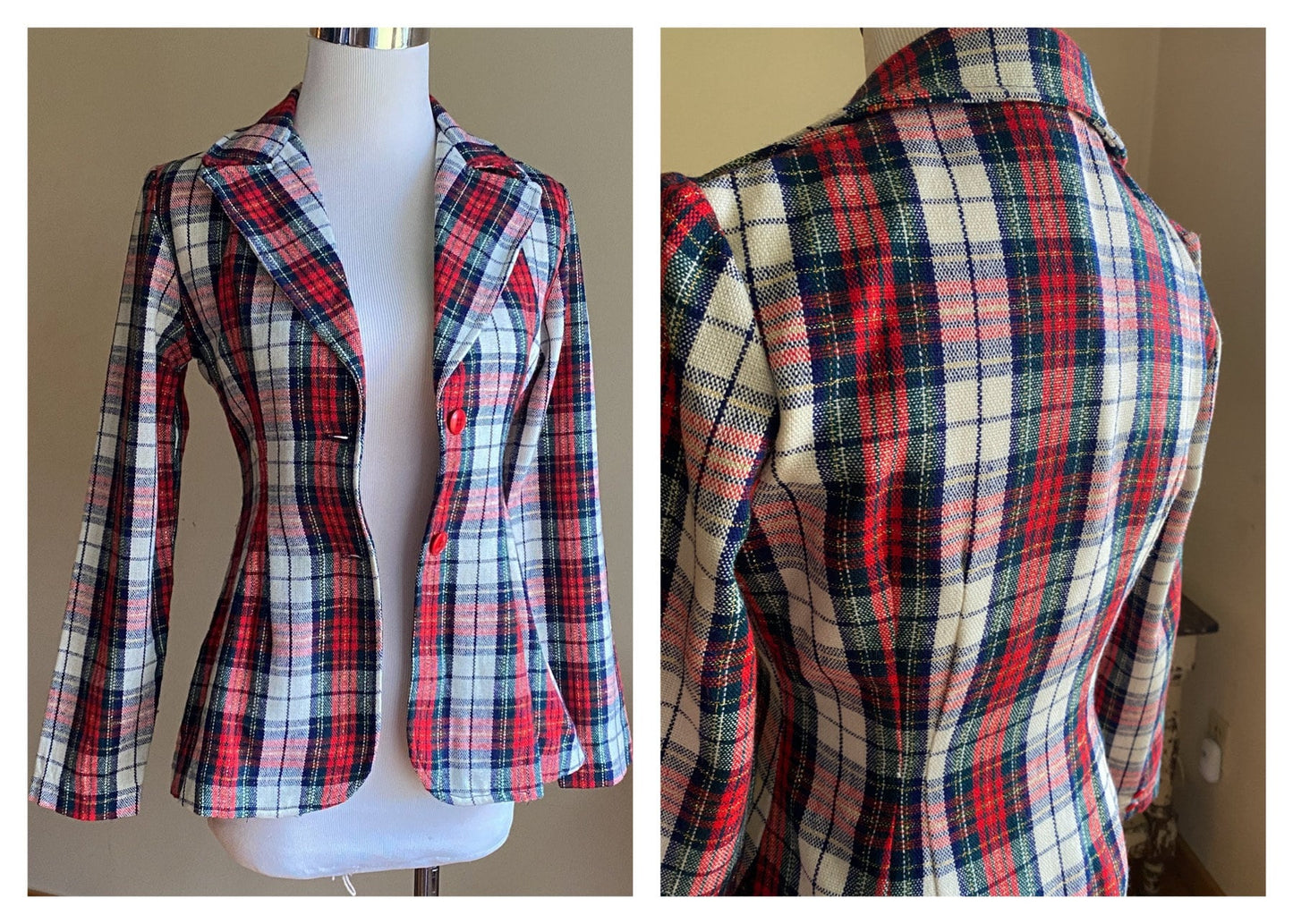 Vintage 70’s holiday blazer red & green gold lurex plaid // 33.5” bust