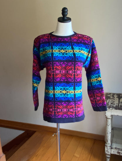 Vintage 80’s rainbow jewel tone tunic fit sweater Beldoch Petites // 37” bust