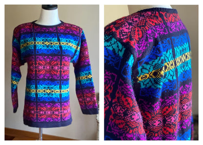 Vintage 80’s rainbow jewel tone tunic fit sweater Beldoch Petites // 37” bust