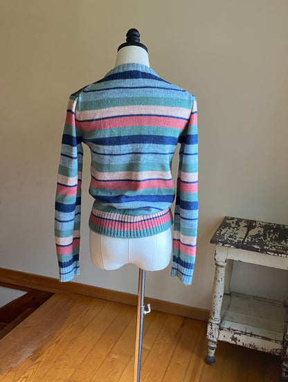 Vintage 70’s pastel stripe sweater acrylic blue green mauve cable knit //