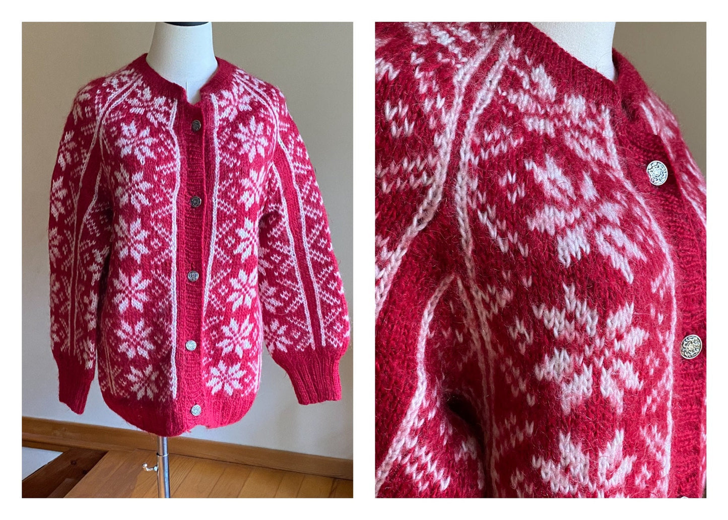 Vintage 80’s nordic snowflake sweater red & white hand knit cardigan // 42” bust