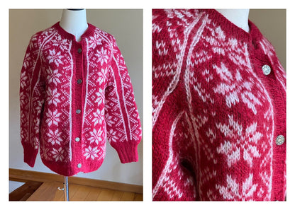 Vintage 80’s nordic snowflake sweater red & white hand knit cardigan // 42” bust