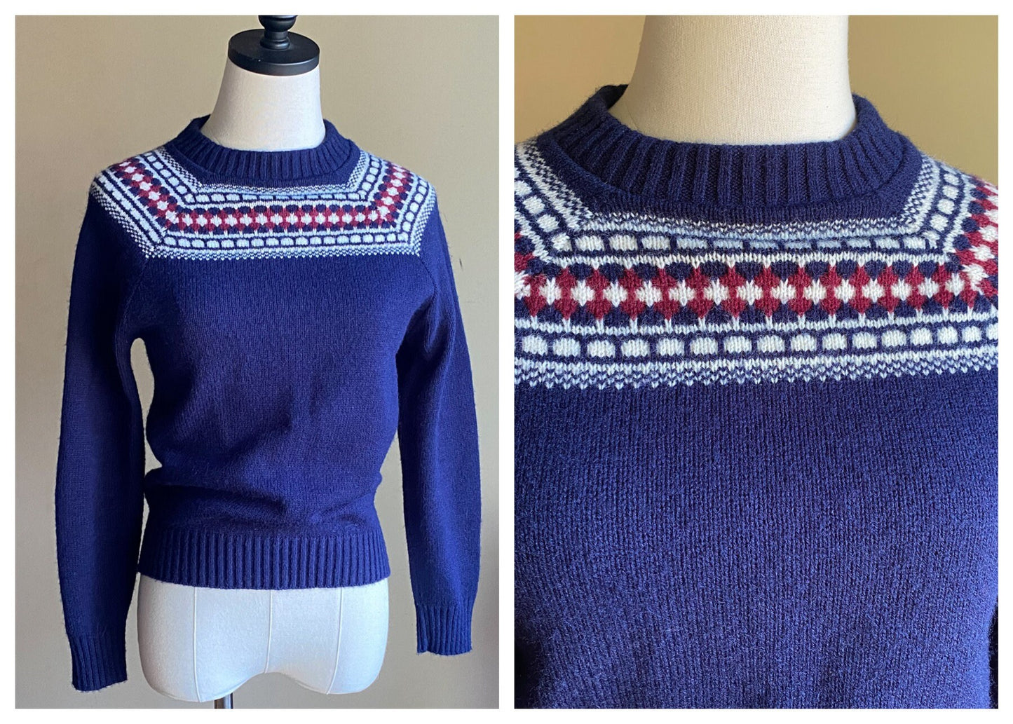 Vintage 80’s wool square yoke sweater navy blue knit Pandora // 34” bust