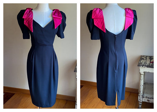 Vintage 80’s cocktail party dress black pencil Fuchsia pink satin bows // 29” waist