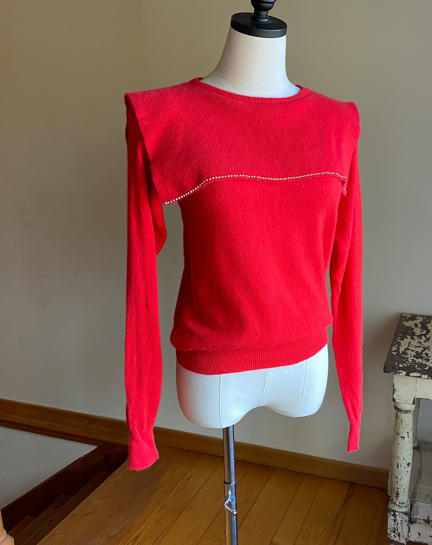 Vintage 80’s red angora sweater rhinestone trim sailor collar // 36” bust