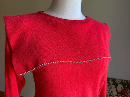 Vintage 80’s red angora sweater rhinestone trim sailor collar // 36” bust