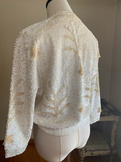 Vintage 60’s sequined pin up sweater iridescent ivory winter white glam // 42” bust