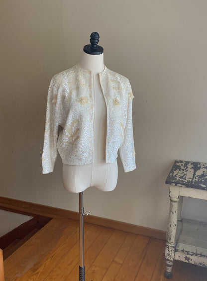 Vintage 60’s sequined pin up sweater iridescent ivory winter white glam // 42” bust