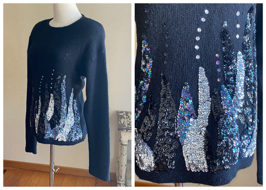 Vintage 80’s sequined sweater black silk angora // 40” bust