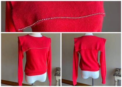 Vintage 80’s red angora sweater rhinestone trim sailor collar // 36” bust