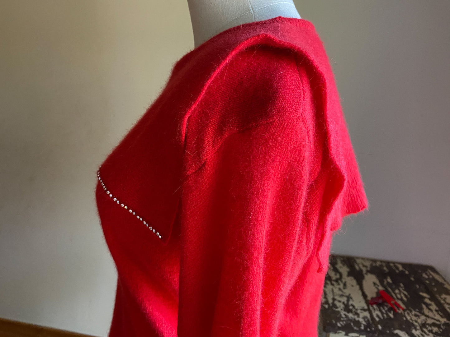 Vintage 80’s red angora sweater rhinestone trim sailor collar // 36” bust