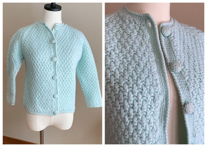 Vintage 60’s aqua blue wool cardigan sweater basketweave Italy // 38” bust