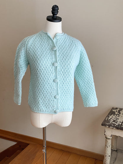 Vintage 60’s aqua blue wool cardigan sweater basketweave Italy // 38” bust