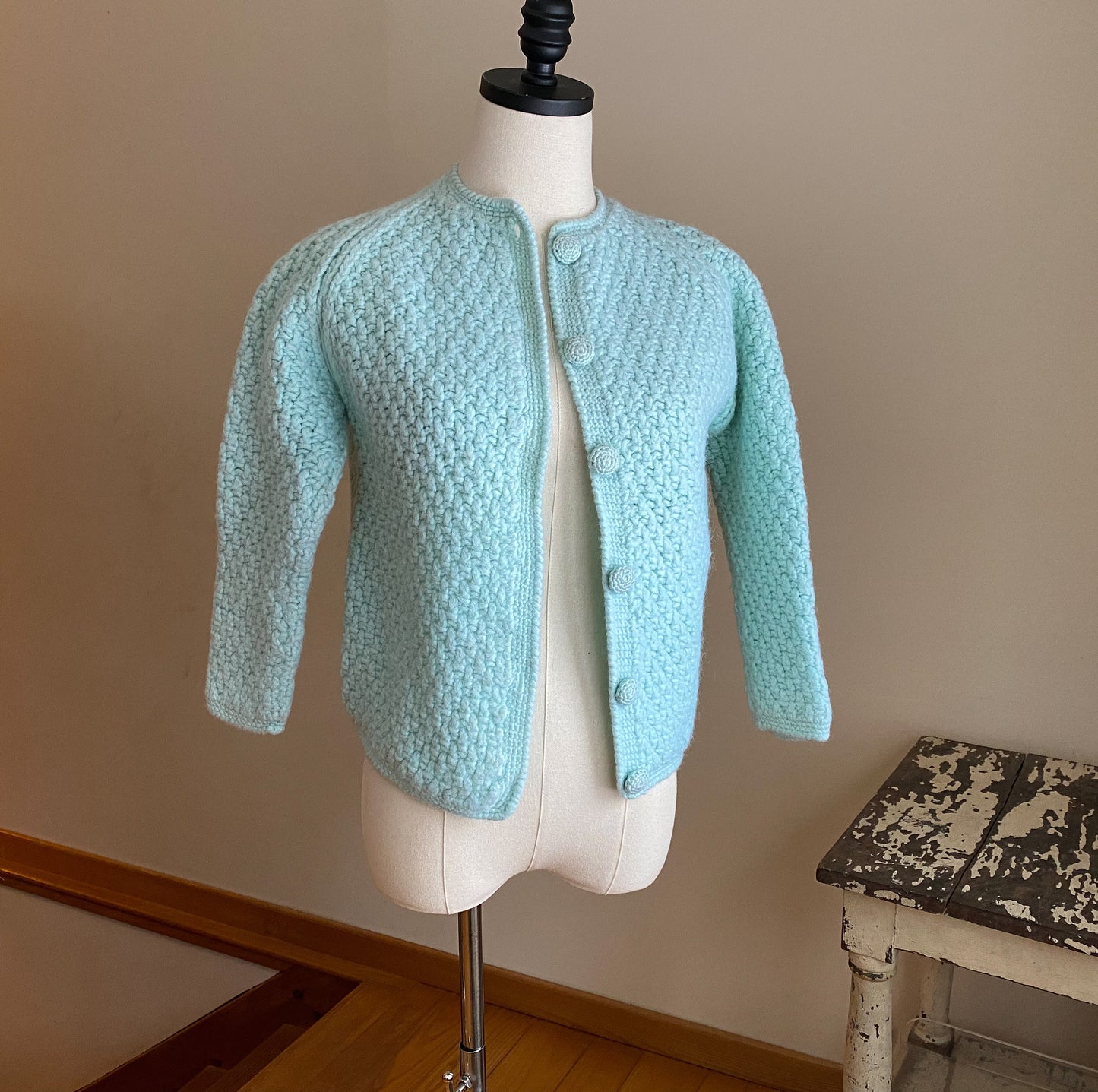 Vintage 60’s aqua blue wool cardigan sweater basketweave Italy // 38” bust