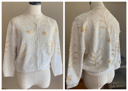 Vintage 60’s sequined pin up sweater iridescent ivory winter white glam // 42” bust