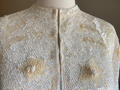 Vintage 60’s sequined pin up sweater iridescent ivory winter white glam // 42” bust