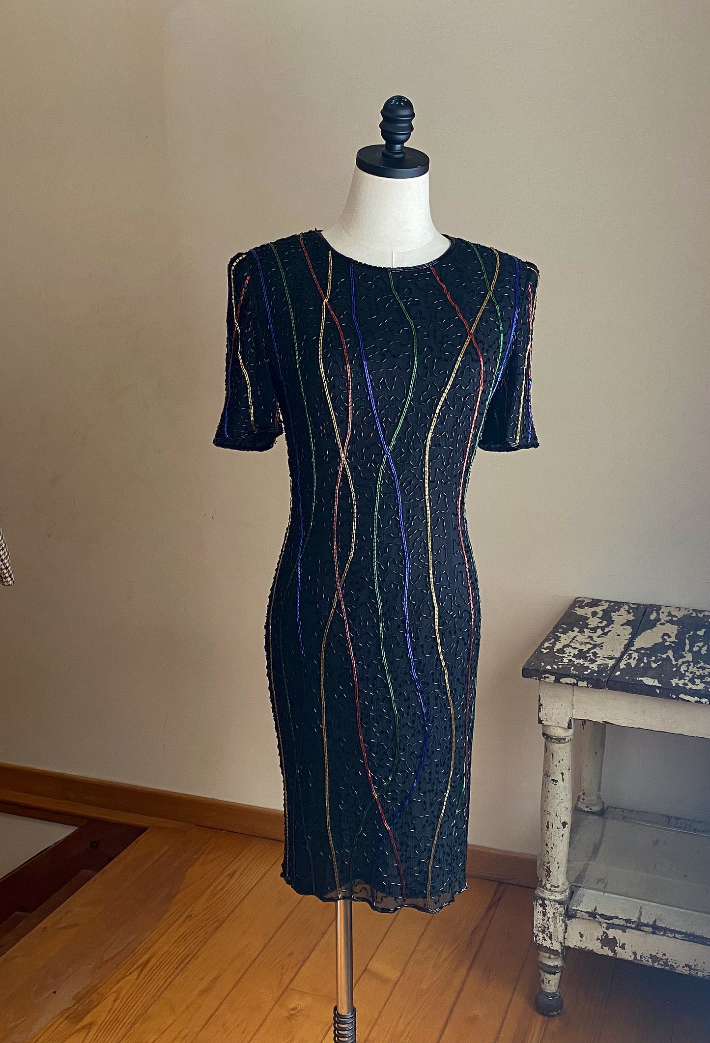 Vintage 80’s silk beaded black cocktail pencil dress Laurence Kazar / 28” waist