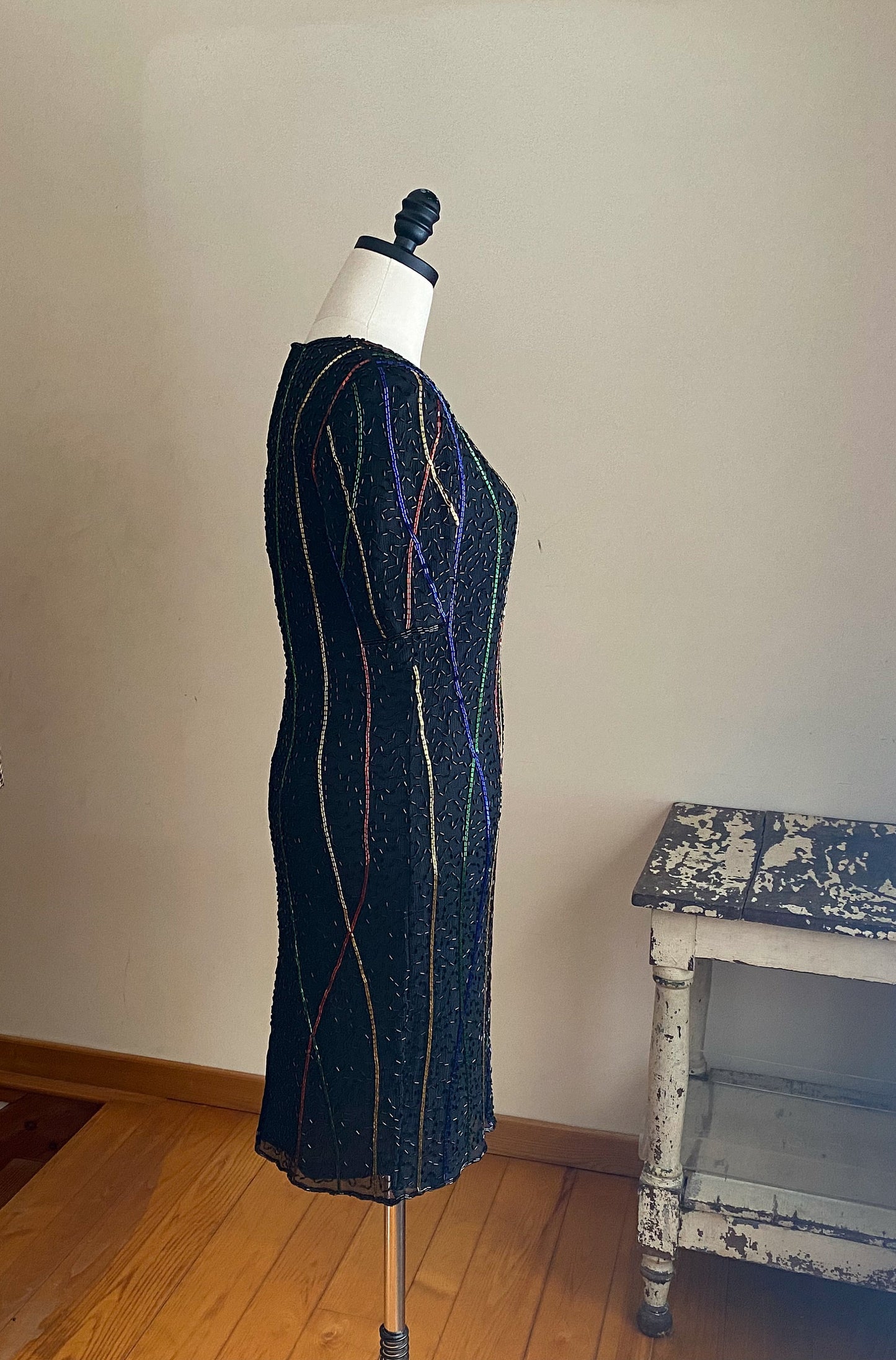 Vintage 80’s silk beaded black cocktail pencil dress Laurence Kazar / 28” waist