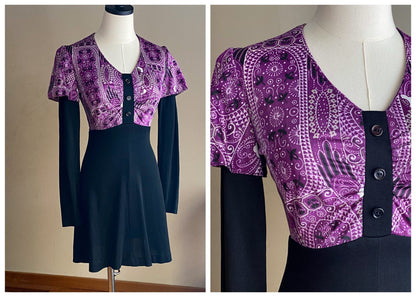 Vintage 70’s mini dress black & purple bandana print Arpeja Young Innocent // 34” bust