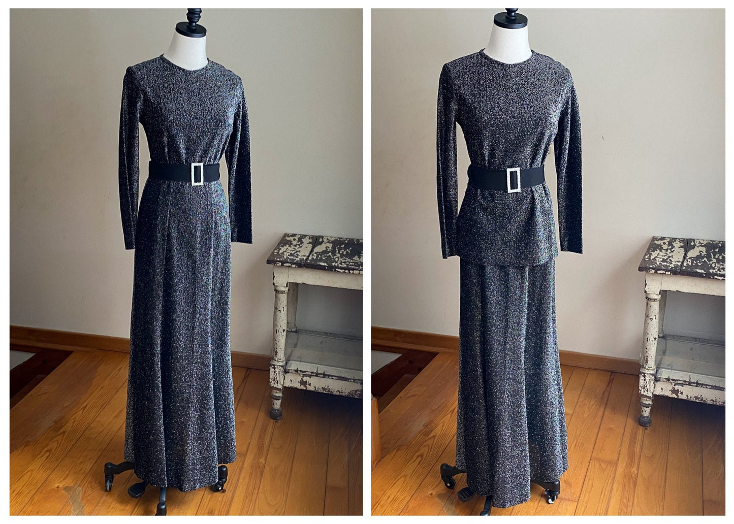 Vintage 70’s black & silver lurex gown 2 piece maxi dress // 34” bust