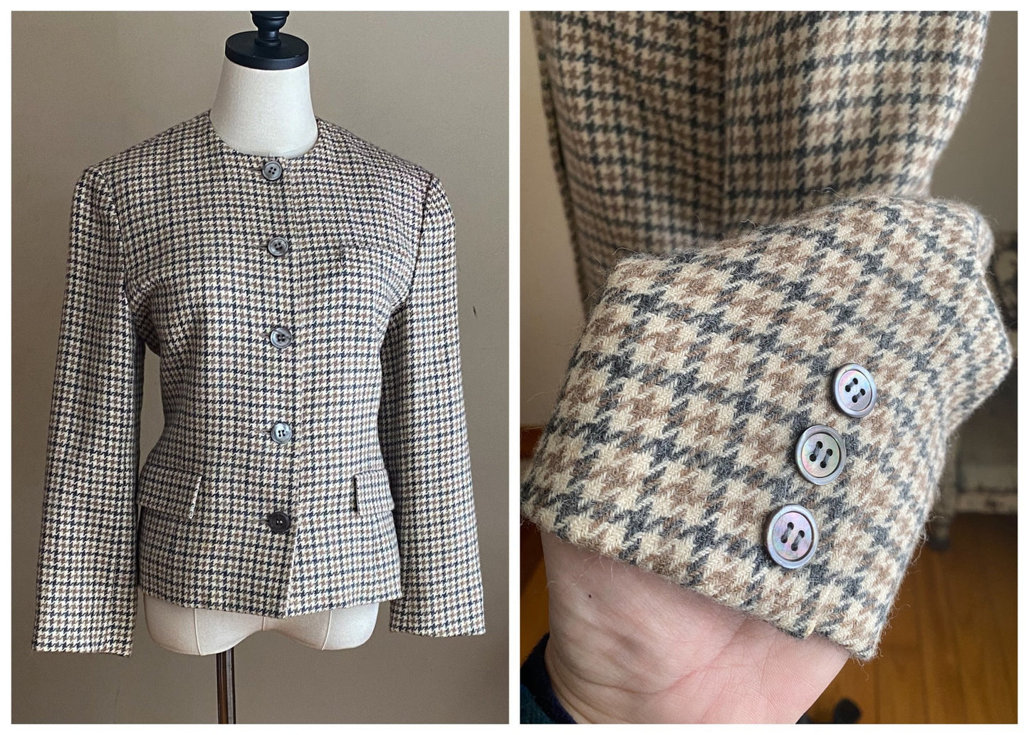 Vintage 80’s houndstooth Alpaca & wool career blazer gray camel ivory check // 38” bust