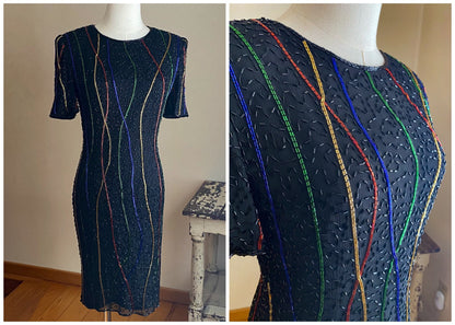 Vintage 80’s silk beaded black cocktail pencil dress Laurence Kazar / 28” waist