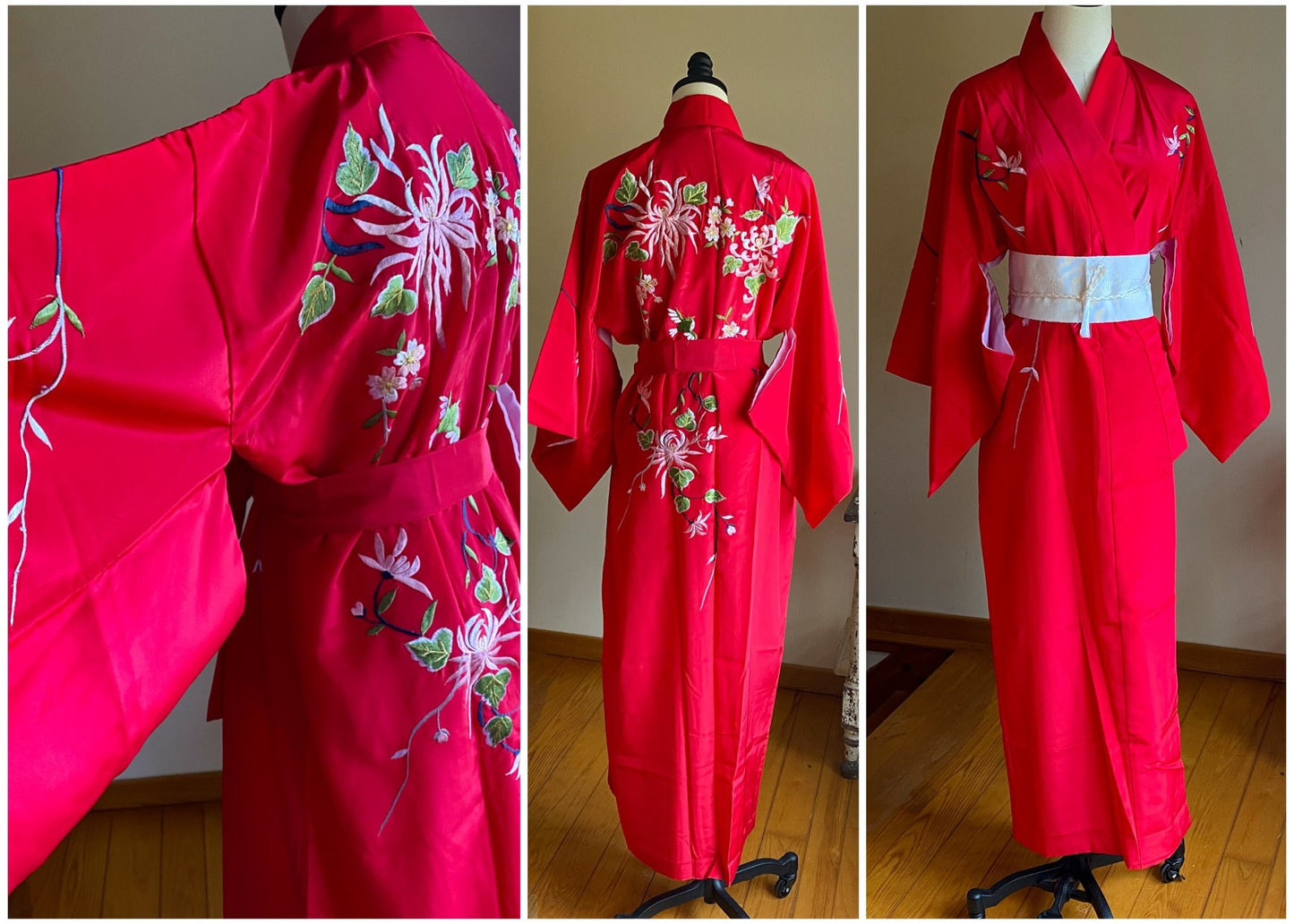 Vintage 70’s kimono red embroidered floral & birds robe obi sash // OSFM