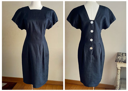 Vintage 80’s black linen fitted dress square neck low back button // 31” waist