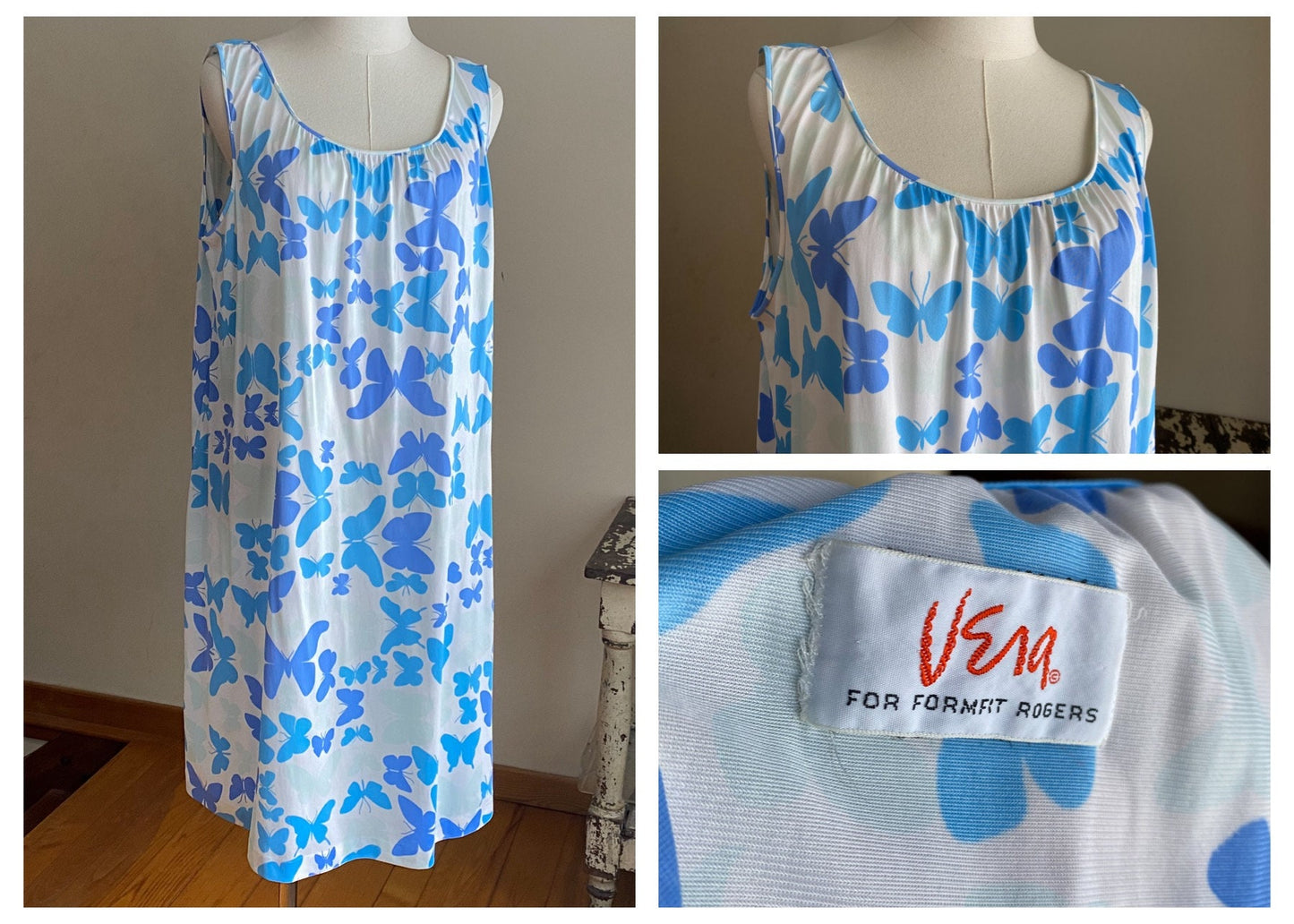 Vintage 70’s Vera nightie white & blue butterflies sleeveless // 46” bust