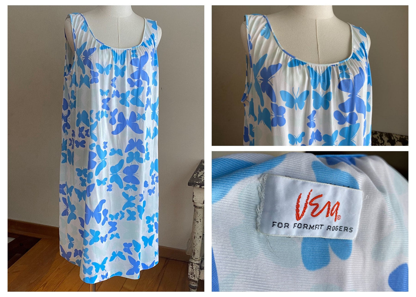 Vintage 70’s Vera nightie white & blue butterflies sleeveless // 46” bust