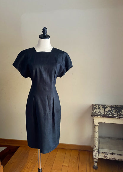 Vintage 80’s black linen fitted dress square neck low back button // 31” waist