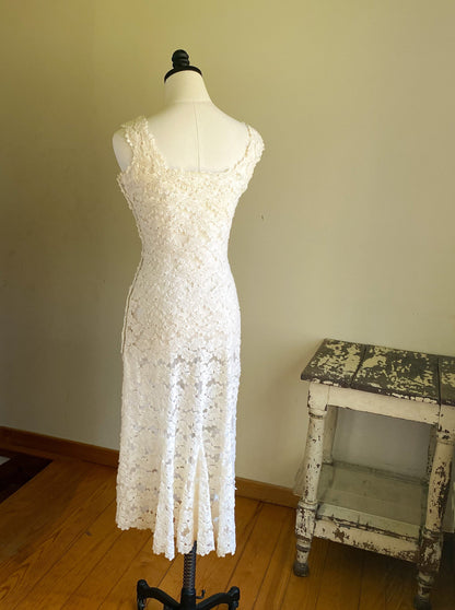 Vintage 60’s see through off white lace evening wedding dress fishtail kick pleat // 26” waist