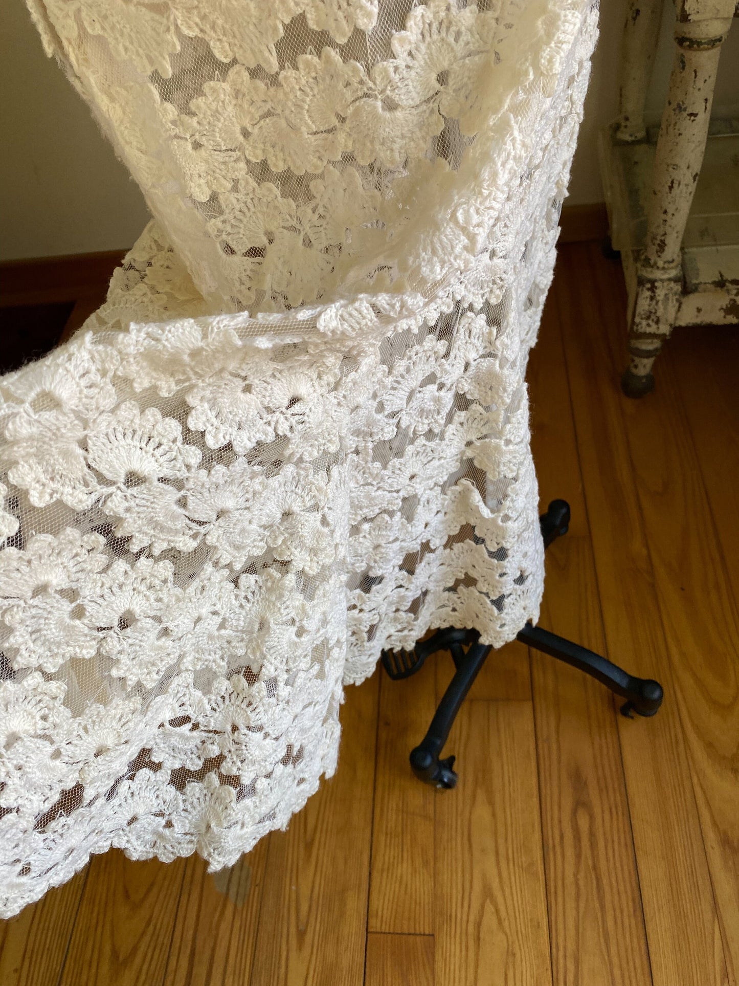 Vintage 60’s see through off white lace evening wedding dress fishtail kick pleat // 26” waist