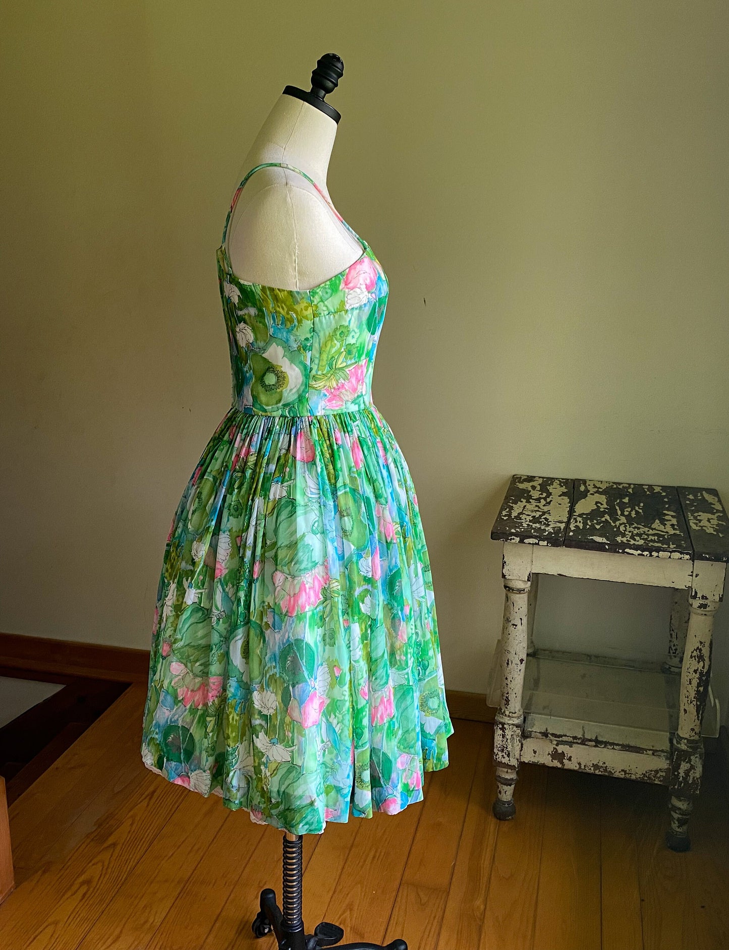 Vintage 50’s silk chiffon watercolor floral party dress one shoulder full skirt // 26” waist