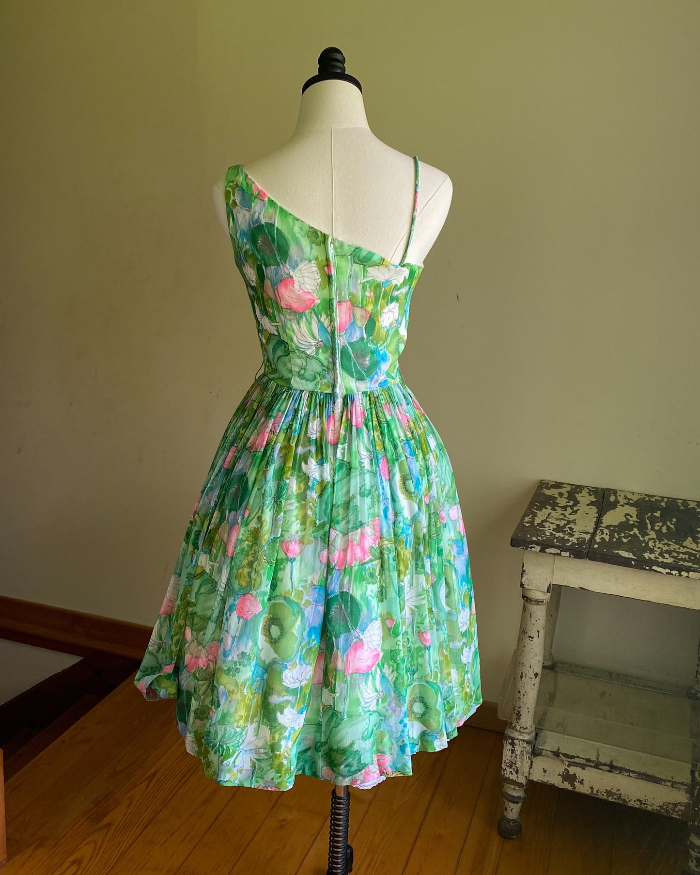 Vintage 50’s silk chiffon watercolor floral party dress one shoulder full skirt // 26” waist