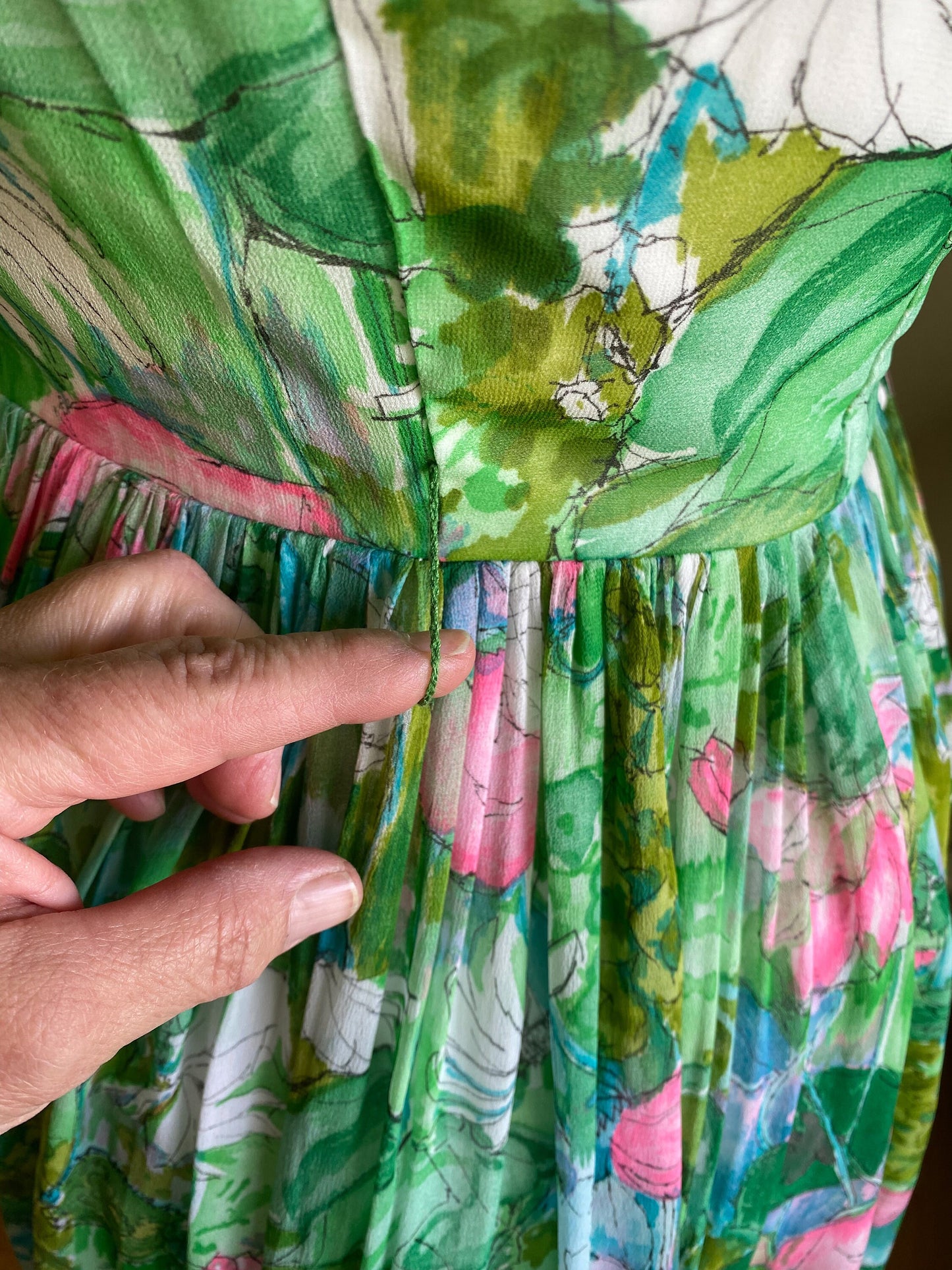 Vintage 50’s silk chiffon watercolor floral party dress one shoulder full skirt // 26” waist