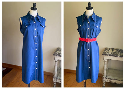 Vintage 70’s navy blue sleeveless shirt dress nautical summer shift // 40” bust