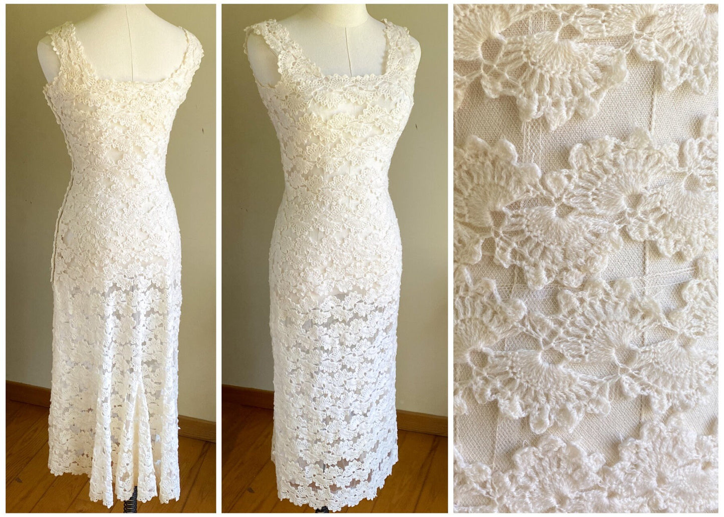 Vintage 60’s see through off white lace evening wedding dress fishtail kick pleat // 26” waist