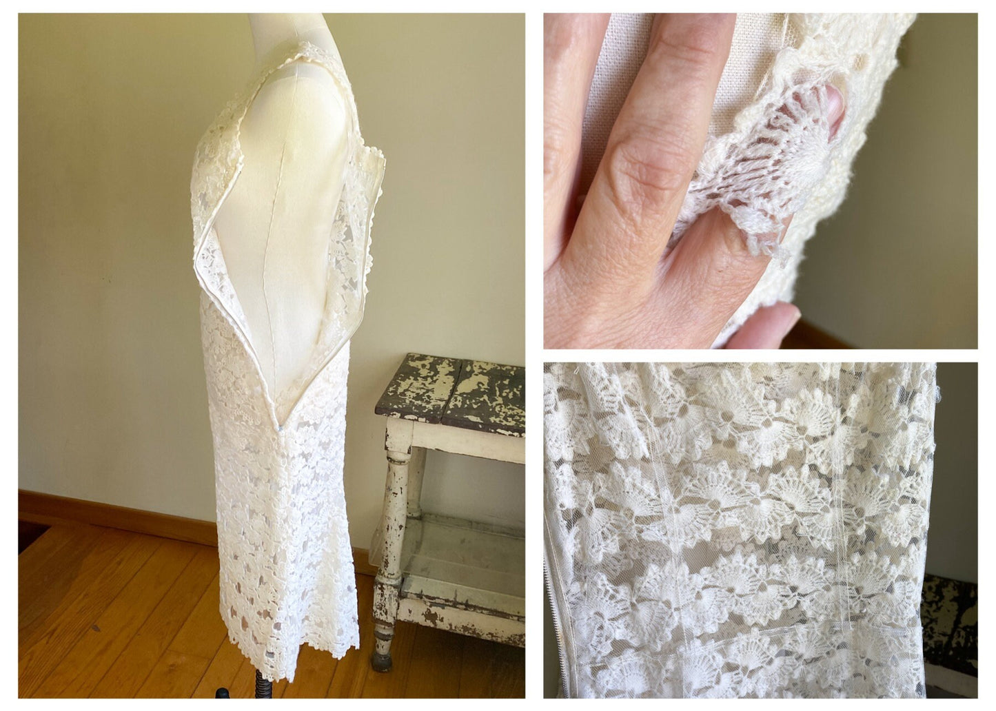 Vintage 60’s see through off white lace evening wedding dress fishtail kick pleat // 26” waist