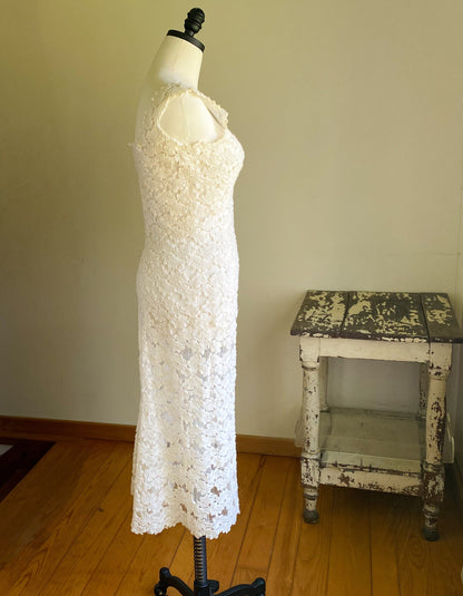 Vintage 60’s see through off white lace evening wedding dress fishtail kick pleat // 26” waist