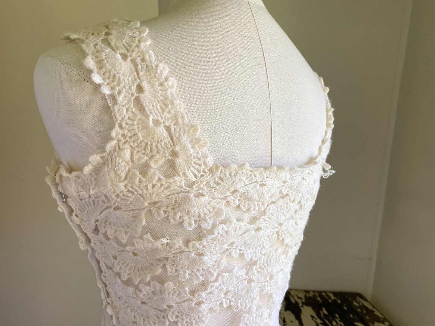 Vintage 60’s see through off white lace evening wedding dress fishtail kick pleat // 26” waist